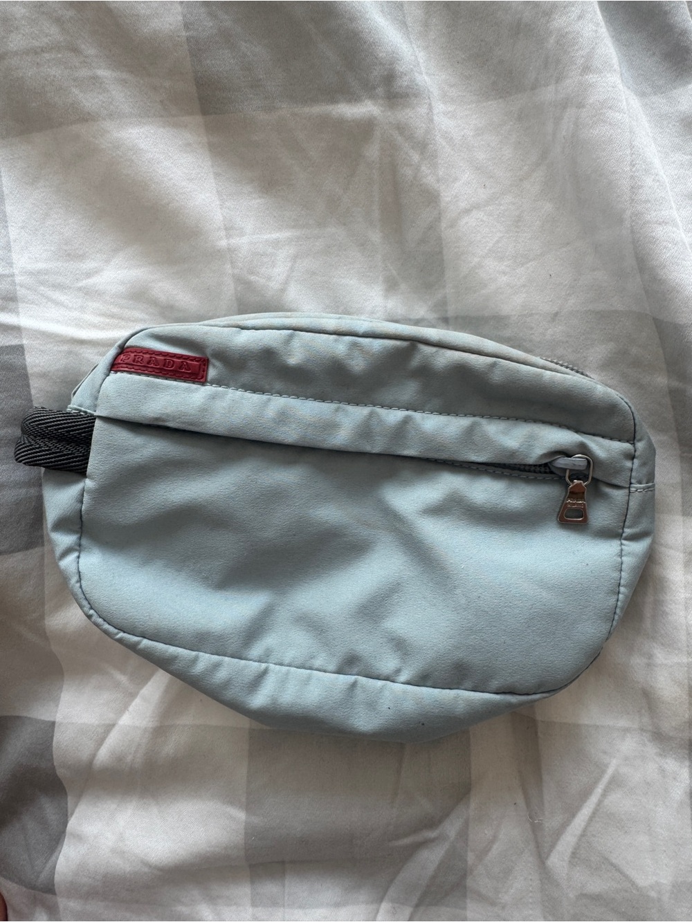 Prada Linea Rossa Light Blue Mini Waist Bag with Red Logo Tab